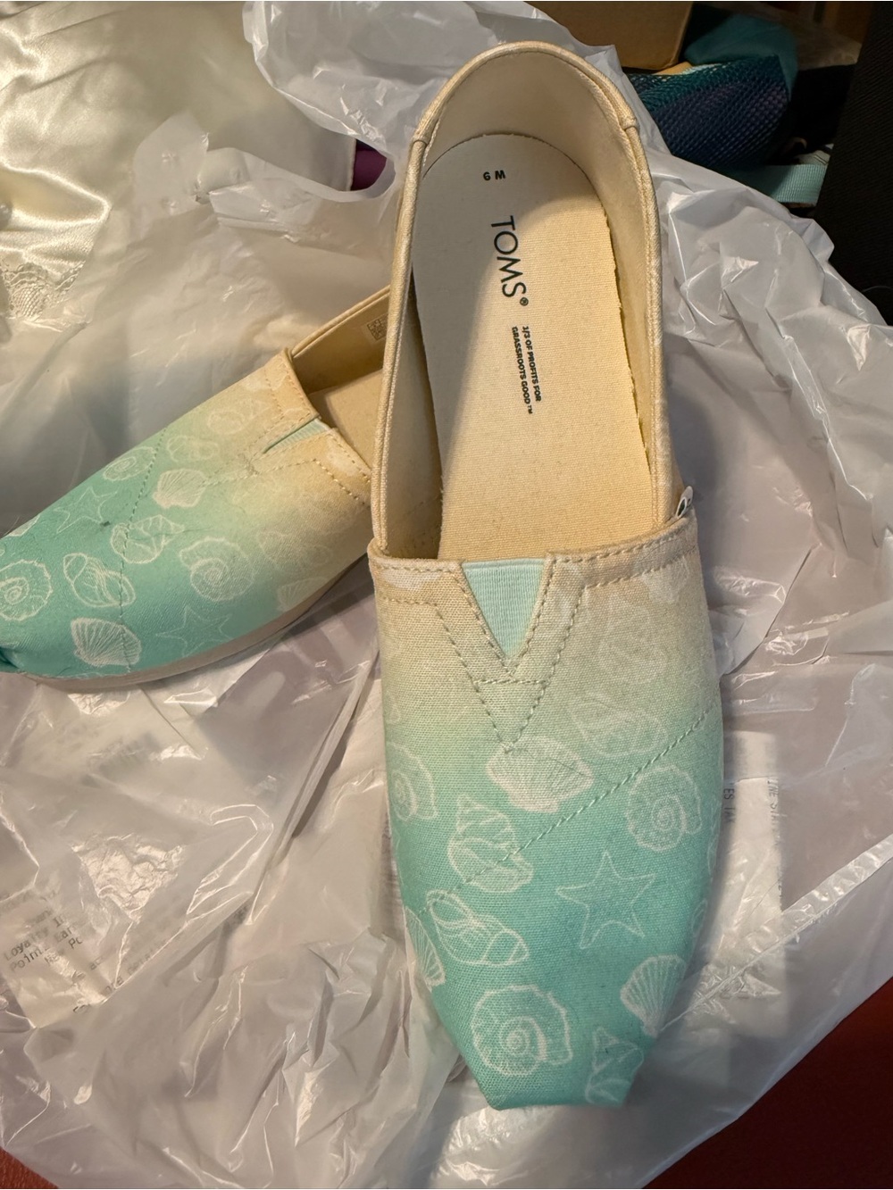 TOMS Women's Seafoam to Cream Ombre Canvas Slip-On with Shell Print size 9 NWOT